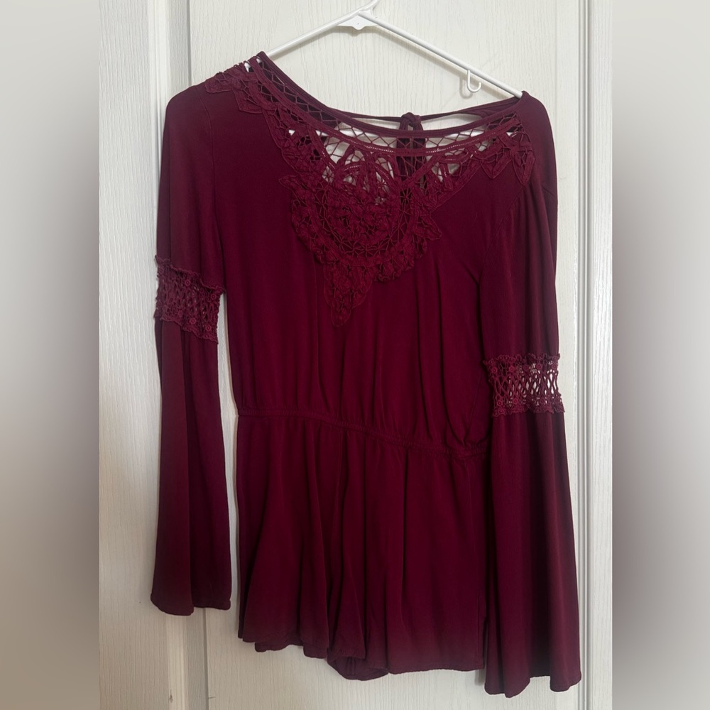 Lace Burgundy Romper Long Sleeve Open back
